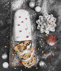 Christmas stollen. Traditional German, European festive dessert.