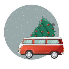 Red camper truck illustration with Christmas tree on top. Snowfall background