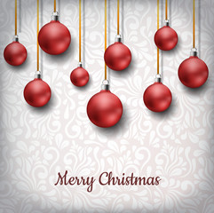 Red Christmas balls hanging in front of floral pattern background. Vector illustration for Christmas