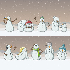 Snowman character collection in snowfall, in different positions and actions. Illustration for Christmas and winter holiday
