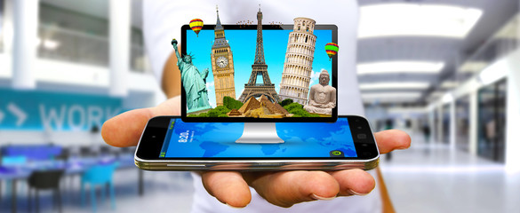 Man travelling the world with his computer