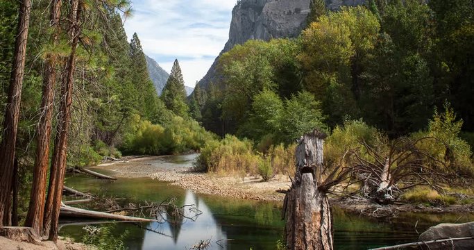 Kings Canyon National Park, California, USA - view of Kings River and forest at the Zumwalt Meadow Parking at the Kings Canyon Road - Timelapse with pan right to left 
