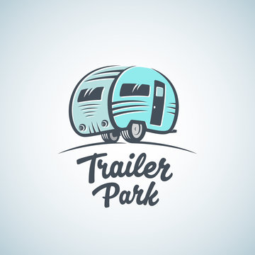 RV, Van or Trailer Park Vector Logo Template. Silhouette Tourism Icon. Label with Retro Typography.