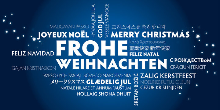 blaue Weihnachtskarte Frohe Weihnachten übersetzt in viele Sprachen