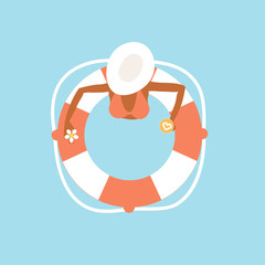 Woman on lifebuoy with the flower and drink