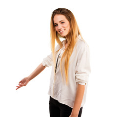 pretty young woman doing welcome gesture