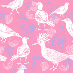 Vintage background, pink fashion seamless pattern with birds