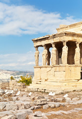 Greece. Athens. Acropolis. Porch of the Caryatids with six statues supporting the architrave, southern part of Erechtheion temple