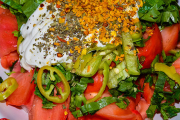 Closeup of organic vegetable salad with spices and sour cream for health