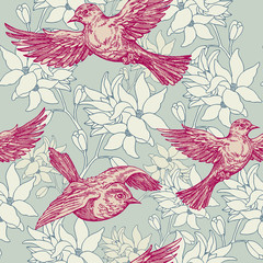 Vintage summer background, birds and flowers, fashion pattern