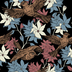 Vintage summer background, birds and flowers, fashion pattern