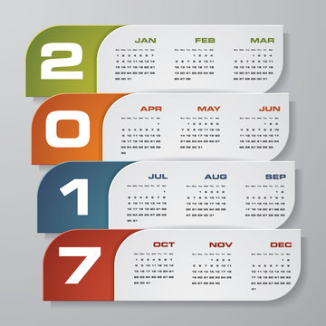 Modern design calendar 2017 year vector design template.12 mounts from January-December 2017. Week Starts Sunday. EPS10.
