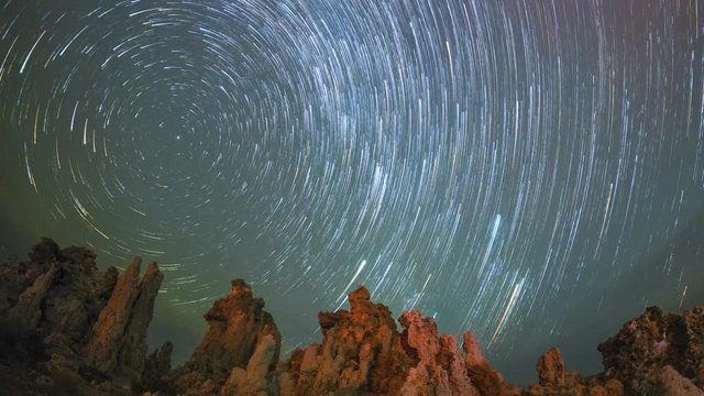 Polaris Star Trails Night Sky Over Mono Lake Rocks