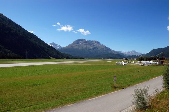 Airport in Engadine Valley near Samedan and Saint Moritz, Switzerland, Europe