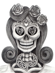 Women Skull art day of the dead. Hand pencil drawing on paper.