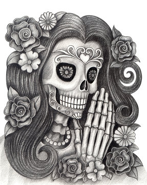 Women Skull art day of the dead. Hand pencil drawing on paper.