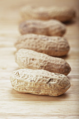 Row of peanuts in shells