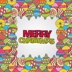 Christmas background design with decoration balls elements. Greeting card doodle vector illustration with lettering.