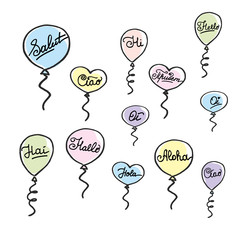 hello in different languages, doodle balloons