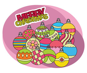 Christmas background design with decoration balls elements. Greeting card doodle vector illustration with lettering.