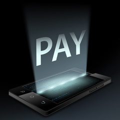 Smartphone with the word pay on the screen. Money transfer techn