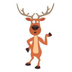 Cute moose, funny cartoon reindeer character showing with hand.