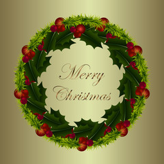 Golden card for christmas with mistletoe wreath