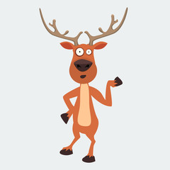 Cute moose, funny cartoon reindeer character showing with hand.