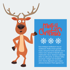 Reindeer cartoon showing or holding blank billboard.