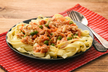 Pappardelle pasta with minced meat, green peas, tomatoes and cheese.