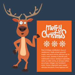 Reindeer cartoon showing or holding blank billboard.