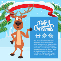 Reindeer cartoon showing or holding blank billboard.