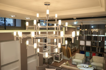 chandelier lights the living room