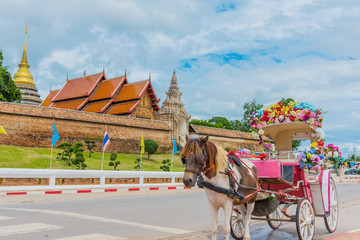 The carriage in front of wat phra tad lampang luang - obrazy, fototapety, plakaty