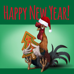 Vector illustration of beautiful funny Santa rooster with gingerbread cookie