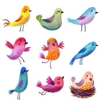 Set of painted birds. Pastel Pencil. Cute funny birds