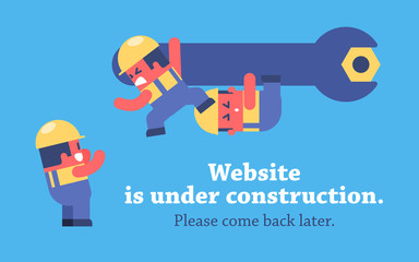 Page under construction design. Funny cartoon workers repairing website using huge spanner.