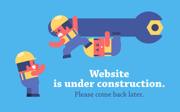 Page Under Construction Design. Funny Cartoon Workers Repairing Website Using Huge Spanner.