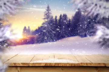 wooden desk and snow 