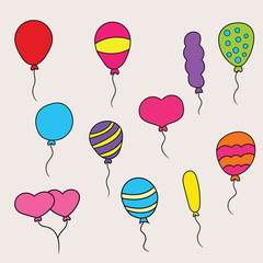 Balloons design set. Cartoon free hand draw doodle vector illustration.