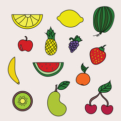 Fruits design set. Cartoon free hand draw doodle vector illustration.