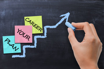 Career planning concept with colored post-it index on ladder chalk drawn on blackboard - 127284796