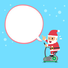 Cartoon santa claus riding exercise bike with white speech bubble