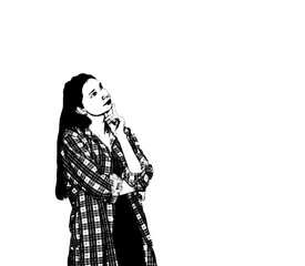 young girl in a plaid shirt over a white background smiling and thinking; Black and white photographs contrast