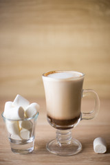 cocoa latte marshmallow Glassware breakfast morning light wooden background