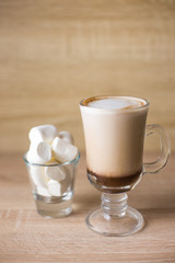 cocoa latte marshmallow Glassware breakfast morning light wooden background