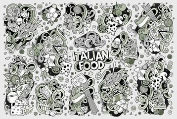 Line art vector cartoon set of italian food objects