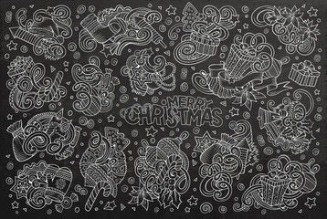Doodle cartoon set of New Year and Christmas objects