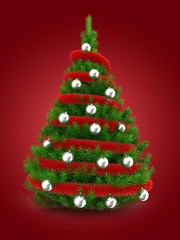 3d illustration of green Christmas tree over red background with red tinsel and silver balls