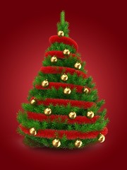 3d illustration of green Christmas tree over red background with red tinsel and golden balls